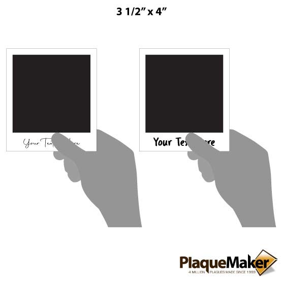 Size Guide With Blank Hands Holding Two Aluminum Signs With Instant Film Style And Different Handwritten Font Options