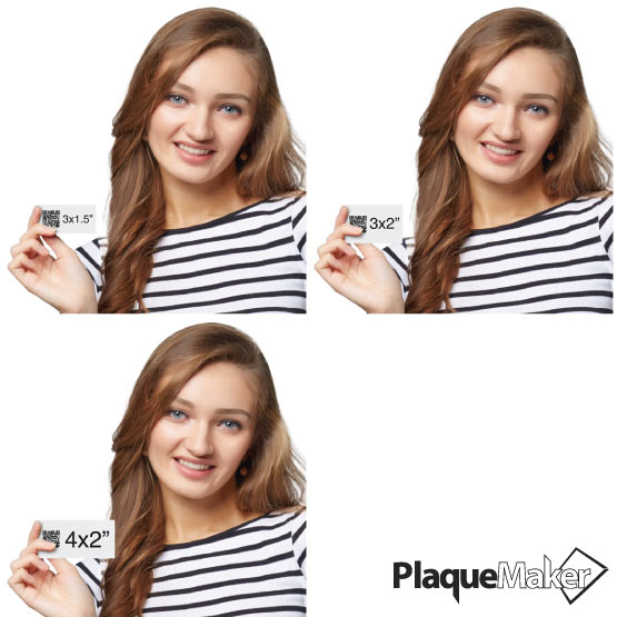 Size Guide With Happy Woman Holding Different Sizes Of Custom Silver Aluminum QR Code Tag Showing Measurements