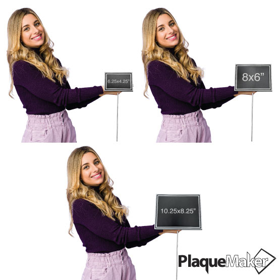 Size Guide With Woman Holding Different Sizes Of Rectangle Cast Aluminum Black And Silver Sign With Stand And Plastic Plate