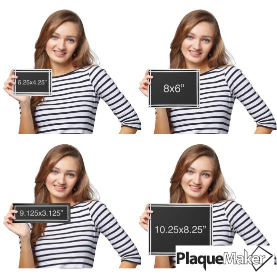 Size Guide With Happy Woman Holding Different Sizes Of Rectangle Cast Aluminum Black And Silver Sign With Plastic Plate