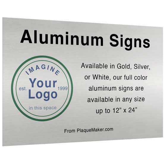 Custom Silver Aluminum Sign Color Printed To Show Customization Options And Areas For Text And Art Against White Background