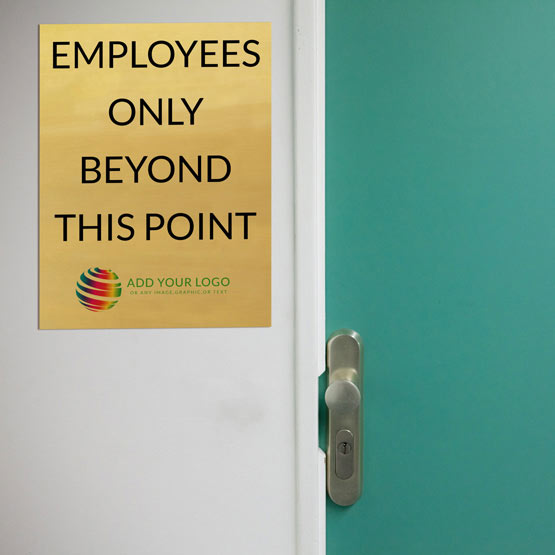Gold Aluminum Sign Color Printed With Employees Only Message Mounted Onto Wall Beside Blue Office Door With Silver Handle