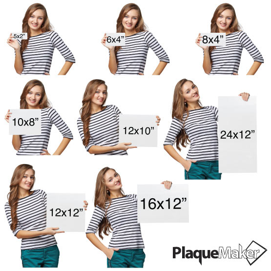 Size Guide With Woman Holding Different Sizes Of Custom Silver Rectangle Aluminum Sign Showing Measurements