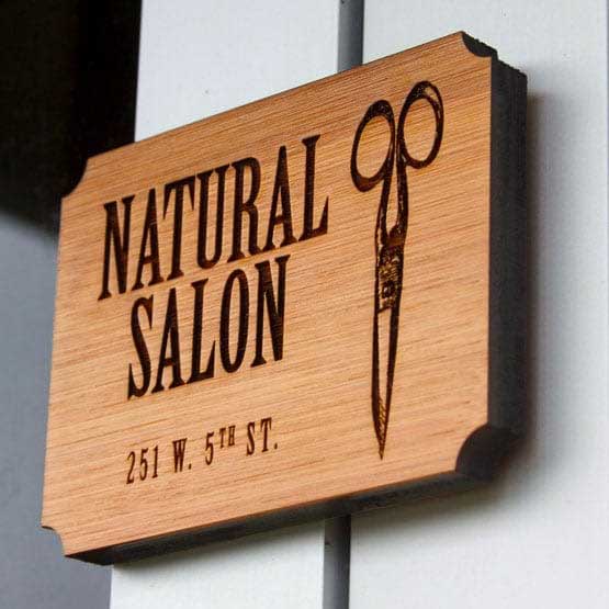 Custom Bamboo Address Sign Laser Engraved With Salon Name And Scissors Art And Clipped Corners Mounted On Wall