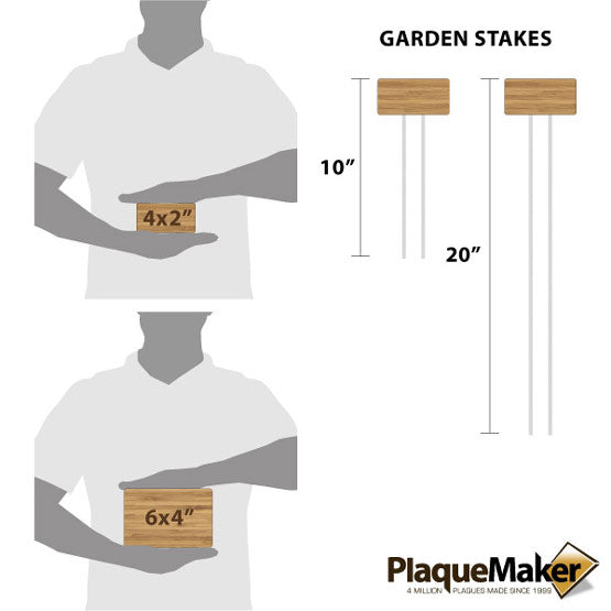 Size Guide With Blank Figures Holding Two Sizes Of Custom Bamboo Garden Sign Beside Two Sizes Of Metal Stakes