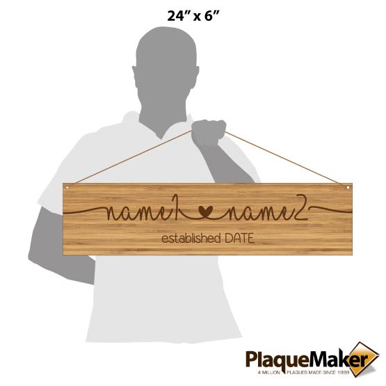 Size Guide With Blank Figure Holding Rectangle Bamboo Sign Engraved To Show Customizable Names And Established Date Via Twine