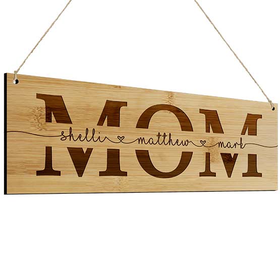 Custom Rectangle Bamboo Sign Laser Engraved With Cursive Kids Names Inside Mom Text Hanging Via Holes And Twine