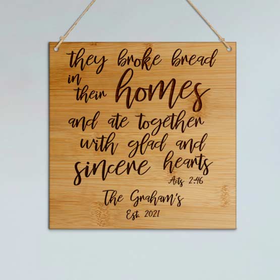 Custom Rectangle Bamboo Sign Laser Engraved With Bible Verse And Family Name And Date Hanging On Wall Via Holes And Twine