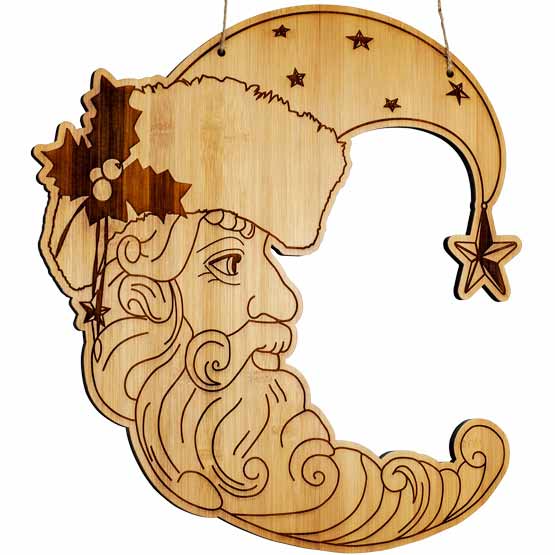 Custom Crescent Bamboo Sign Laser Engraved With Detailed Art Of Bearded Santa Claus Wearing Hat With Star And Mistletoe