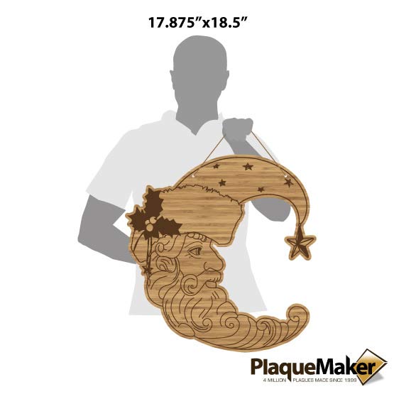 Size Guide With Blank Figure Holding Custom Crescent Bamboo Sign Engraved With Detailed Santa Claus Art Via Twine