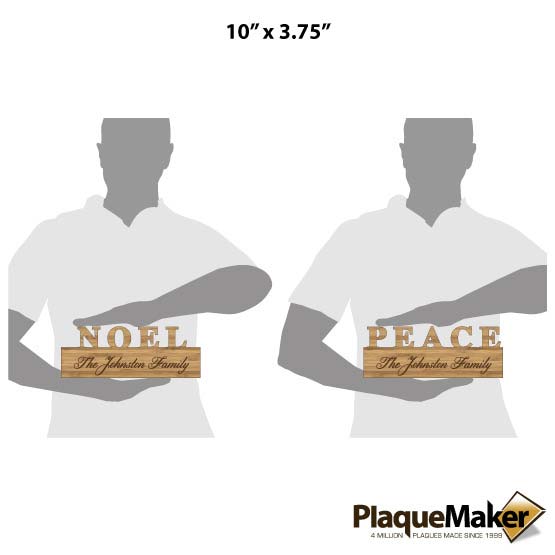 Size Guide With Blank Figures Holding Custom Bamboo Sign With Noel Or Peace Cutout Text And Sample Family Name Engraving