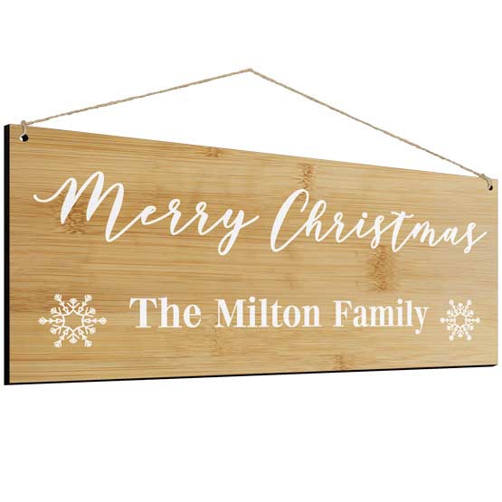 Custom Bamboo Sign Color Printed With Merry Christmas And Family Name And Snowflake Art Hanging Via Holes And Twine