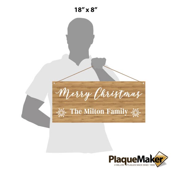 Size Guide With Blank Figure Holding Bamboo Sign Printed With Merry Christmas And Family Name And Snowflake Art Via Twine
