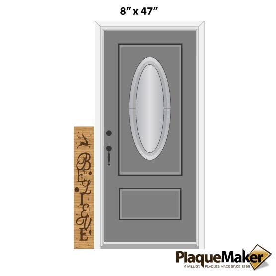 Size Guide With Bamboo Sign Laser Engraved With Believe Text And Reindeer Art Beside Sample Door Against White Background