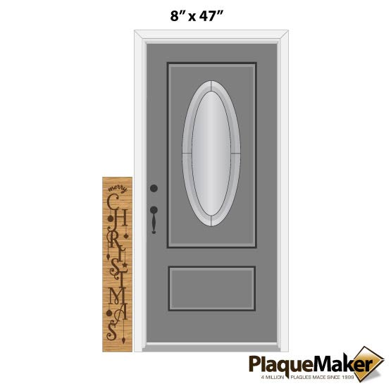 Size Guide With Bamboo Sign Engraved With Merry Christmas Text And Ornament Art Beside Sample Door Against White Background