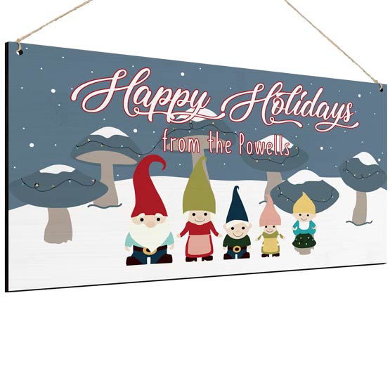 Full Color Bamboo Sign With Festive Gnome Family Art And Happy Holidays From The Powells Message Hanging Via Holes And Twine