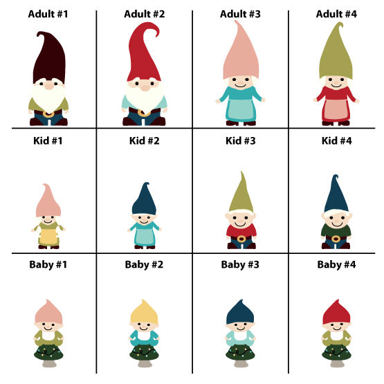 Samples Of Different Family Member Gnome Art Options For Full Color Custom Bamboo Sign Including Adults Or Kids Or Baby