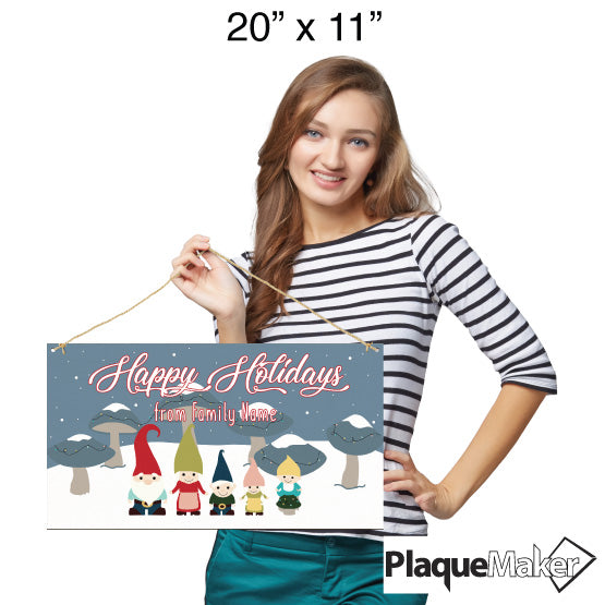 Size Guide With Happy Woman Holding Full Color Bamboo Sign With Family Gnomes Art And Happy Holidays Message Via Twine