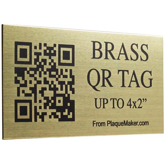 Custom Brass QR Code Tag Laser Fused With Sample QR Code And Showing Customization Options And Areas For Text And Art