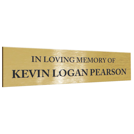 Custom Brass Dedication Sign Laser Fused With Sample In Loving Memory Of Kevin Logan Pearson Message Against White Background