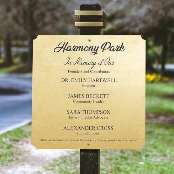 Full Color Brass Sign With Notched Corners And Printed With Harmony Park Dedication Message Mounted Outdoors On Post