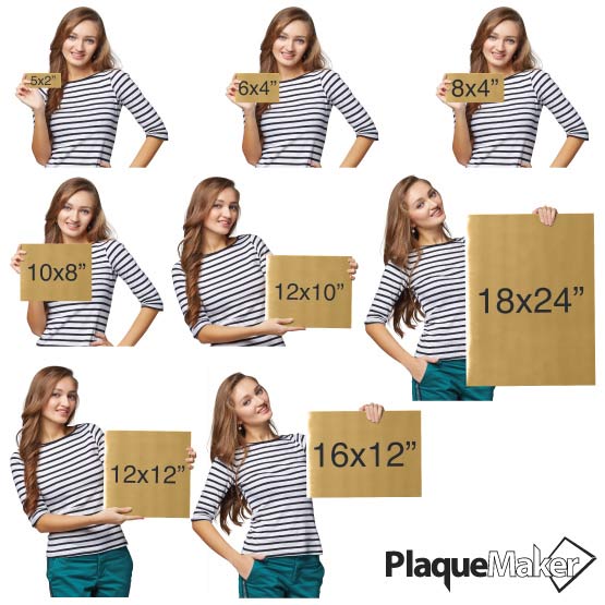 Size Guide With Happy Woman Holding Different Sizes Of Custom Full Color Brass Metal Sign Against White Background
