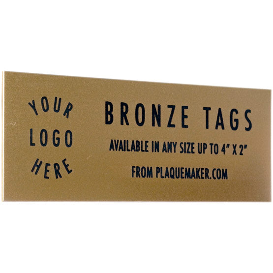 Custom Bronze Rectangle Label Laser Fused To Show Customization Options And Areas For Text And Art Against White Background