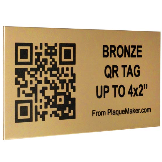 Custom Bronze QR Code Label Laser Fused With Sample QR Code And Showing Customization Options And Areas For Text