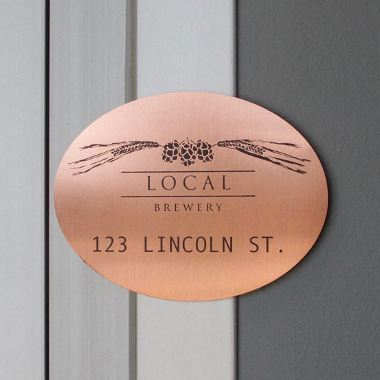 Custom Oval Copper Address Sign Laser Fused With Local Brewery Logo And Address Details Mounted On Business Door