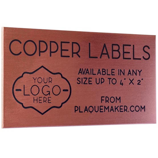Custom Copper Rectangle Label Laser Fused To Show Customization Options And Areas For Text And Art Against White Background