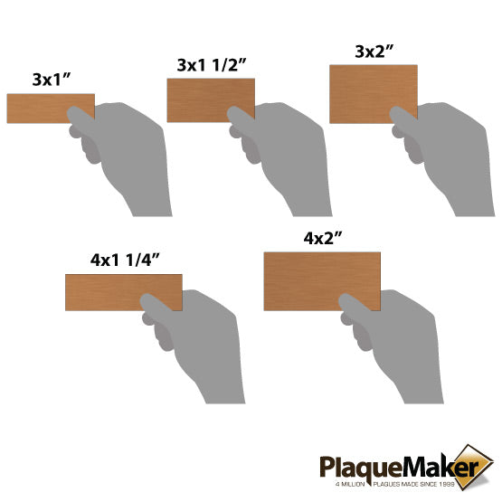 Size Guide With Blank Hands Holding Different Sizes Of Custom Copper Rectangle Labels And Showing Measurements