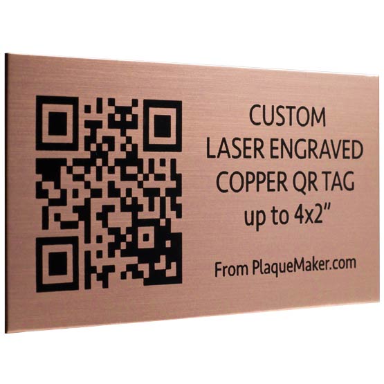 Custom Copper QR Code Label Laser Fused With Sample QR Code And Showing Customization Options And Areas For Text