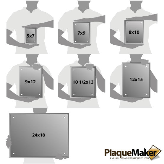Size Guide With Blank Figures Holding Different Sizes Of Glass Sign With Holes And Faceted Edges And Showing Measurements