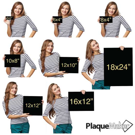 Size Guide With Happy Woman Holding Different Sizes Of Laser Engraved Black And Gold Aluminum Sign Showing Measurements