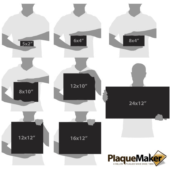 Size Guide With Blank Figures Holding Different Sizes Of Engraved Black And Silver Faux Leather Sign Showing Measurements