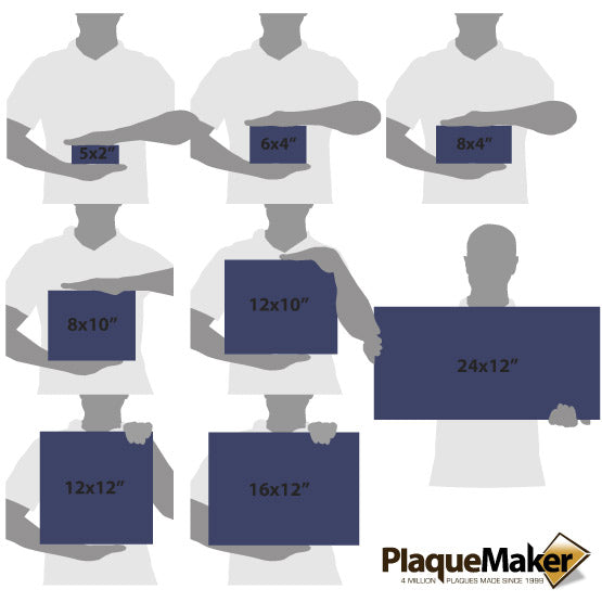 Size Guide With Blank Figures Holding Different Sizes Of Engraved Blue And Black Faux Leather Sign Showing Measurements