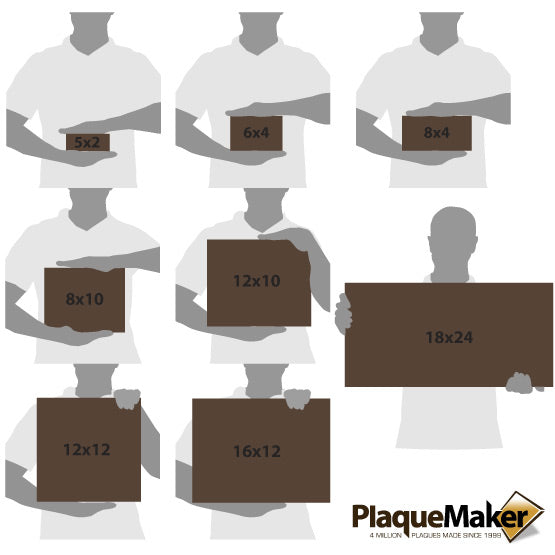 Size Guide With Blank Figures Holding Different Sizes Of Engraved Dark Brown And Black Faux Leather Sign Showing Measurements