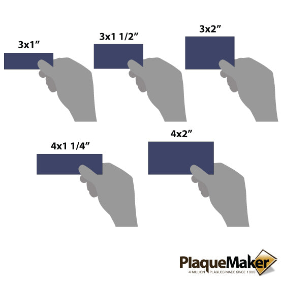 Size Guide With Blank Hands Holding Different Sizes Of Engraved Blue And Black Faux Leather Oval Label Showing Measurements