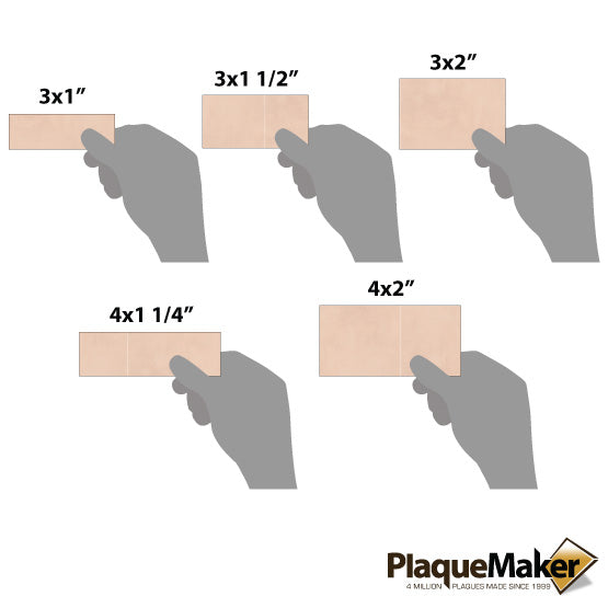 Size Guide With Blank Hands Holding Different Sizes Of Custom Rectangle Leather Label And Showing Measurements