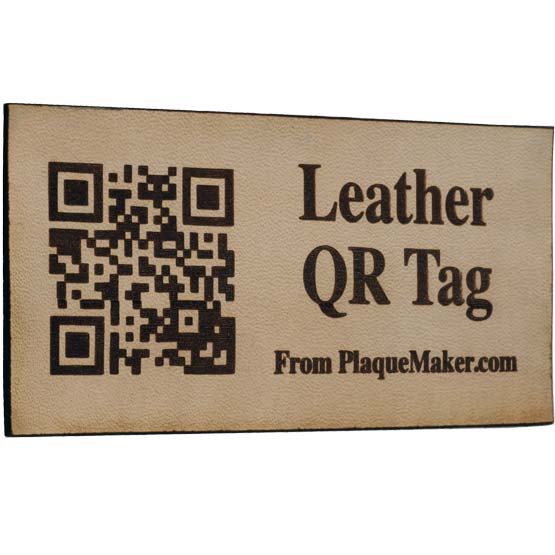 Custom Rectangle Leather QR Tag Laser Engraved With Sample QR Code And Showing Customizable Areas For Text