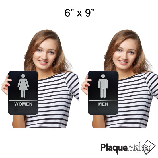 Size Guide With Woman Holding Plastic Black And White Restroom Signs With Man Icon Or Woman Icon And Text And Braille