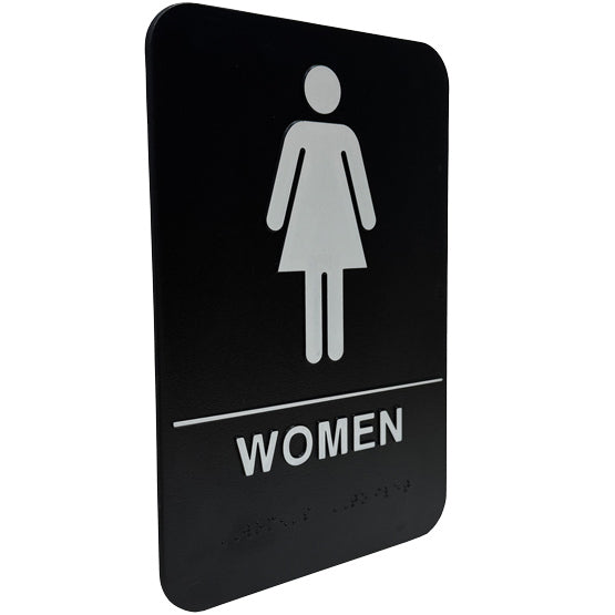 Custom Black And White Plastic Sign With Rounded Corners And Women Icon And Corresponding Text And Braille