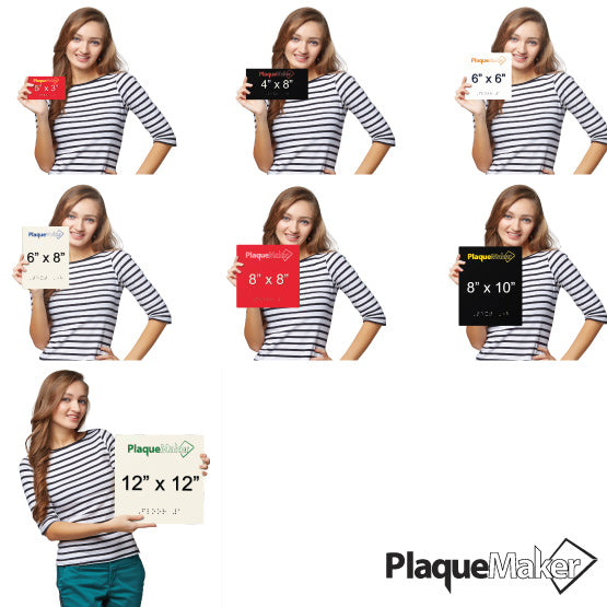 ADA office door signs with tactile lettering and Grade 2 braille showing different sizes and colors