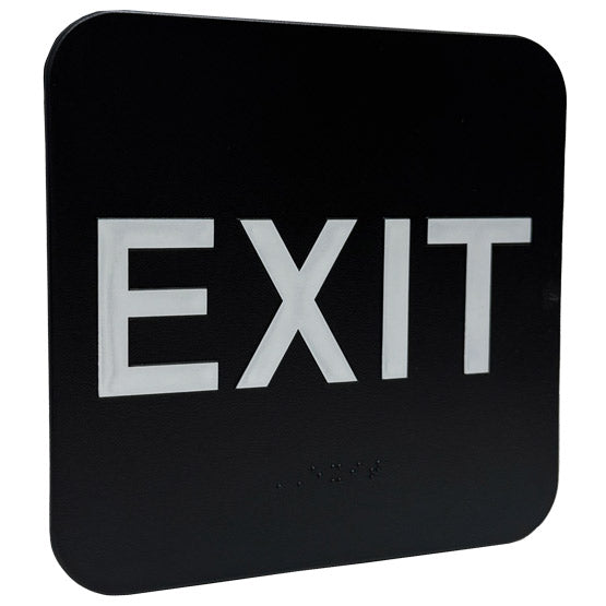 Custom Black And White Plastic Sign With Rounded Corners And Large Exit Text Above Corresponding Braille