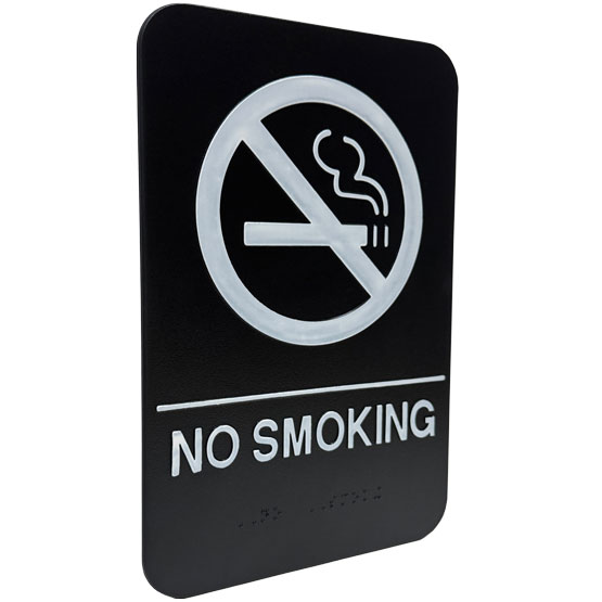 Custom Black And White Plastic Sign With No Smoking Icon Above Corresponding Text And Braille