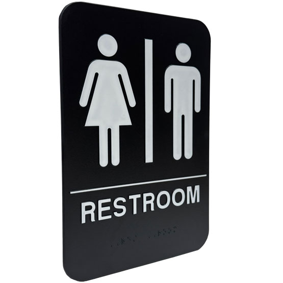 Custom Black And White Plastic Sign With Man And Woman Icon Together Above Restroom Text And Corresponding Braille