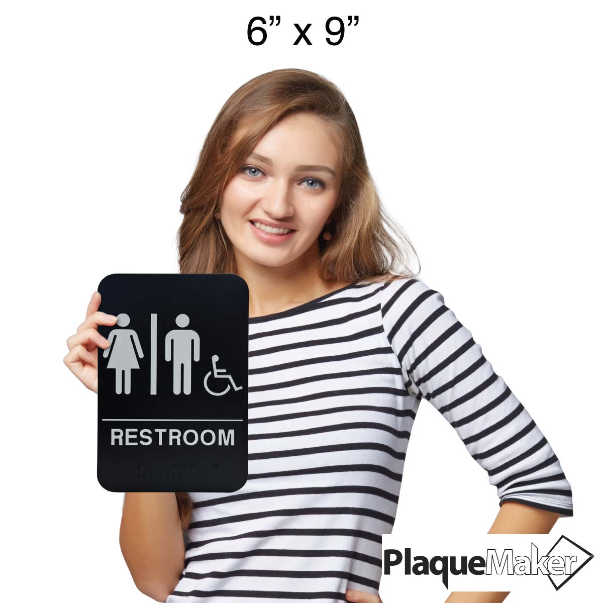 Size Guide Of Woman Holding 6 By 9 Black And White Plastic Sign With Man And Woman And Wheelchair Icons For Unisex Restrooms