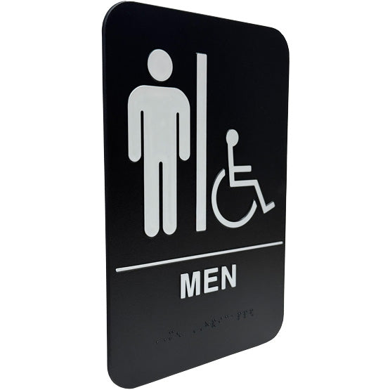 Custom Black And White Plastic Sign With Men And Wheelchair Icons Above Men Text With Corresponding Braille