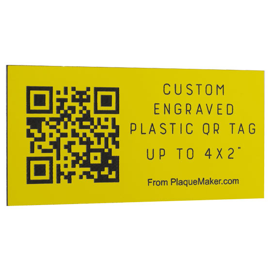 Custom Yellow Plastic QR Tag Laser Engraved With Sample QR Code And Showing Customization Options And Areas For Text And Art