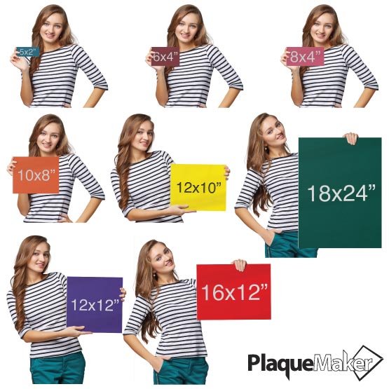 Size Guide With Happy Woman Holding Different Sizes And Color Options For Custom Plastic Ships Today Sign